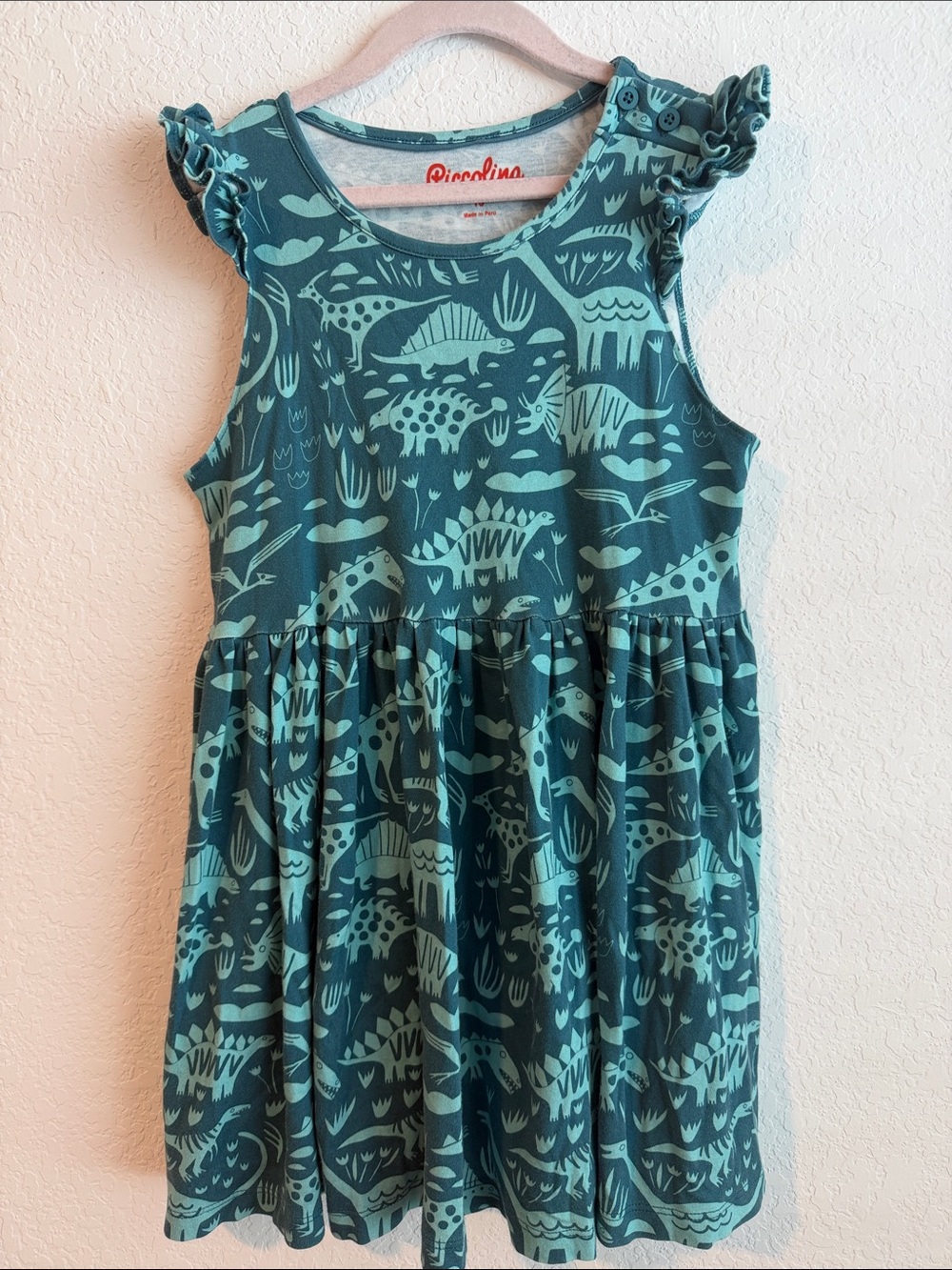 Piccolina Teal Dino Print Ruffle Sleeve Dress